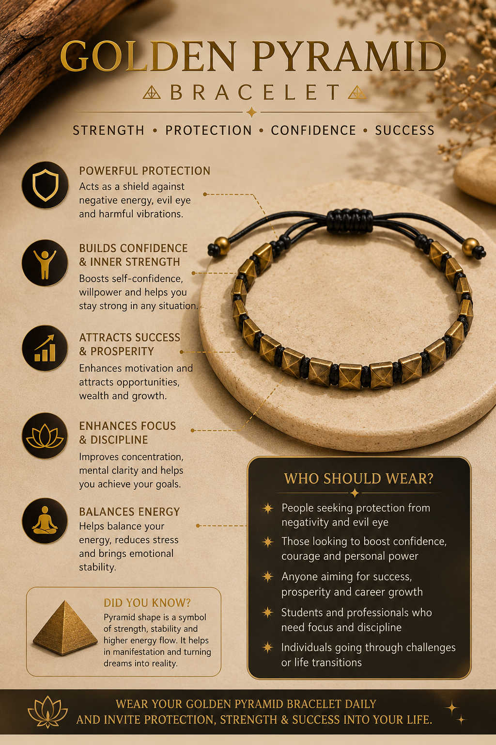 Golden Pyramid Energy Bracelet